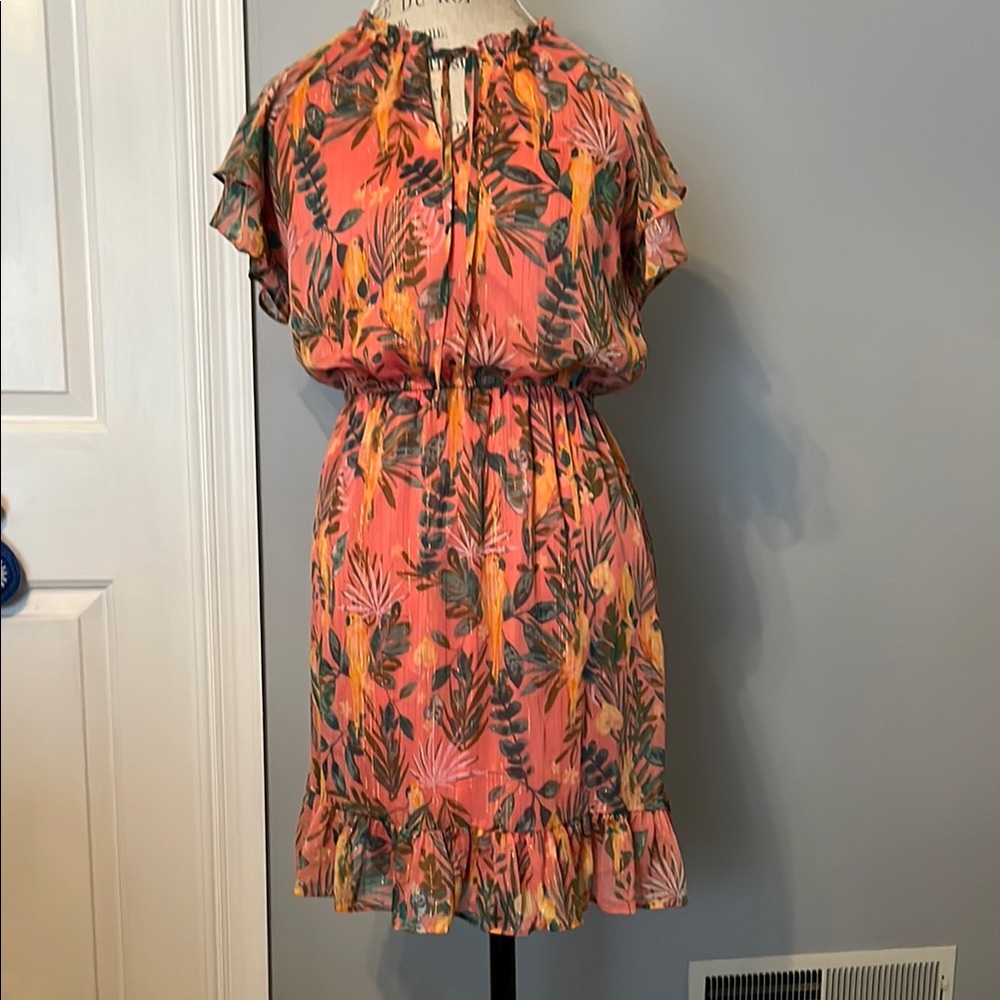 Lauren Conrad Parrot Metallic Print Dress in Pink and Green